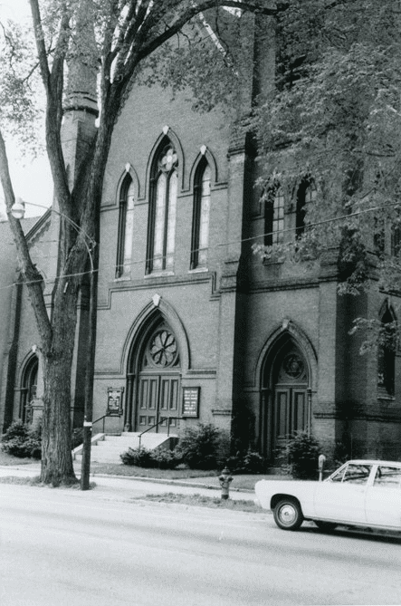 Historical image of the front of Grace United Methodist Church in 1968