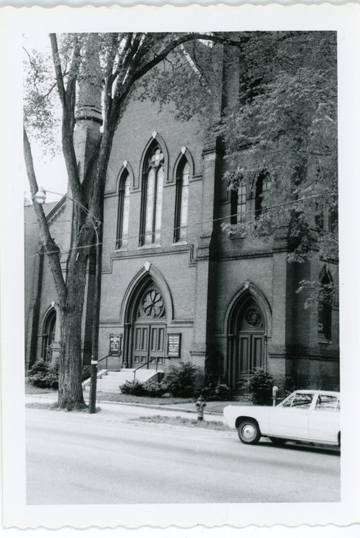 Historical image of the front of Grace United Methodist Church in 1968