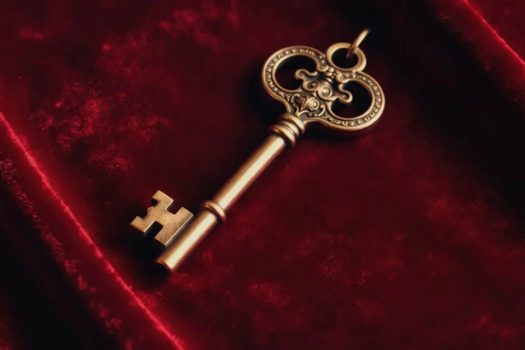 Gold key on red velvet background