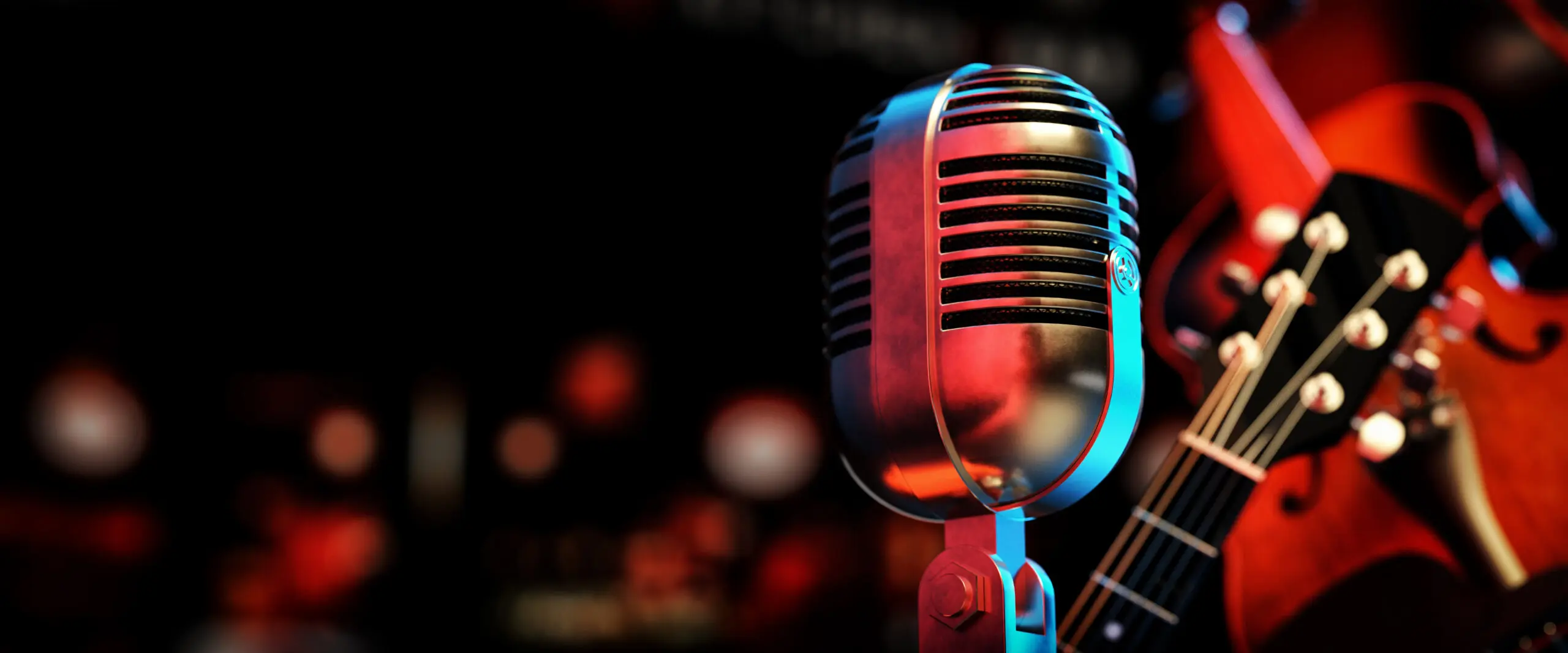 Close up of microphone and guitar