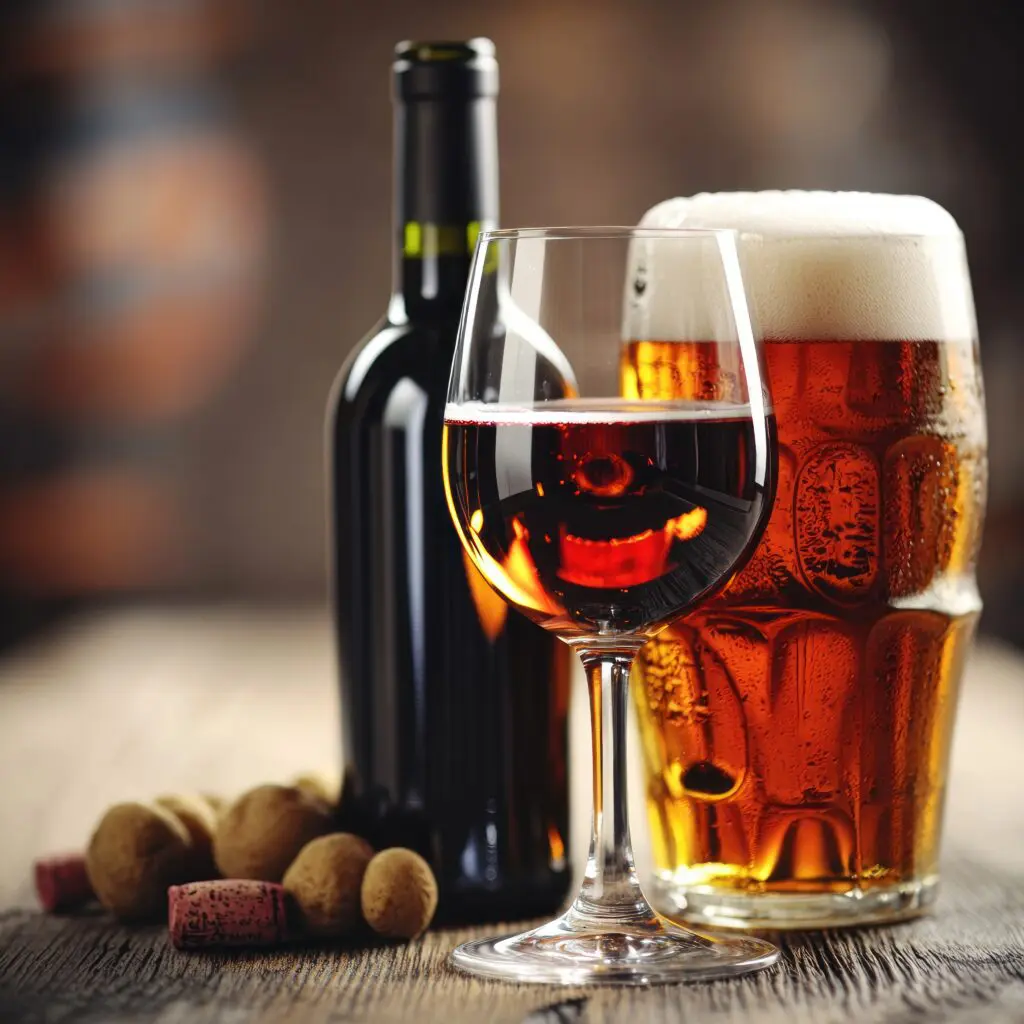 A glass of wine and beer stein on a table